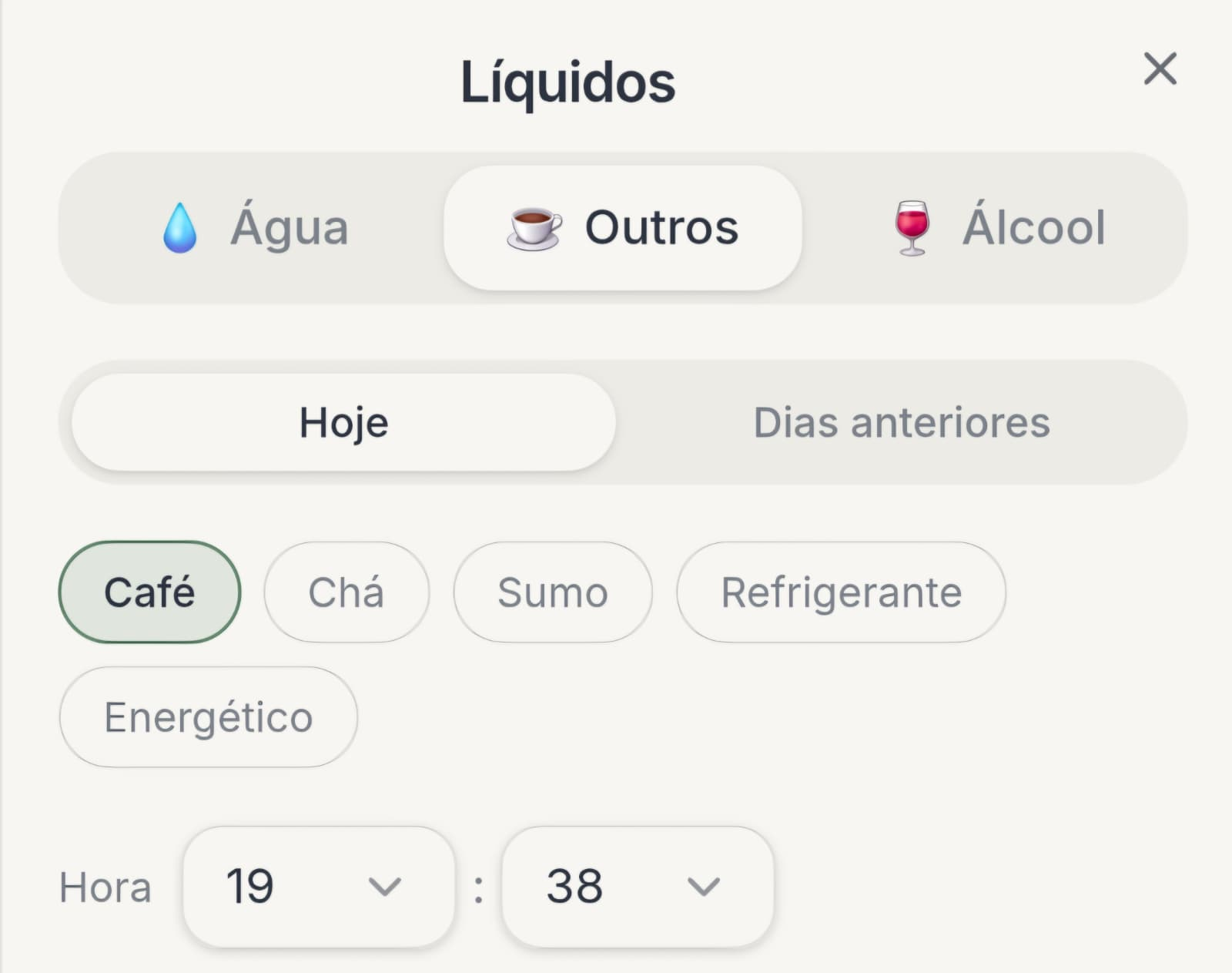 Líquidos — água, café/chá e álcool