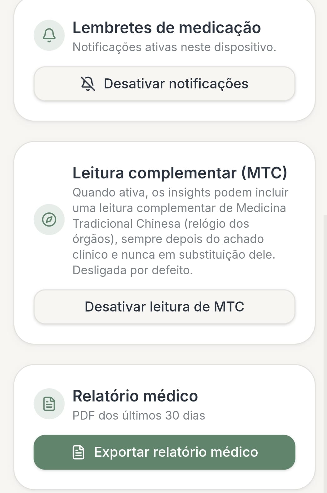 Toggle 'Leitura complementar (MTC)' nas definições